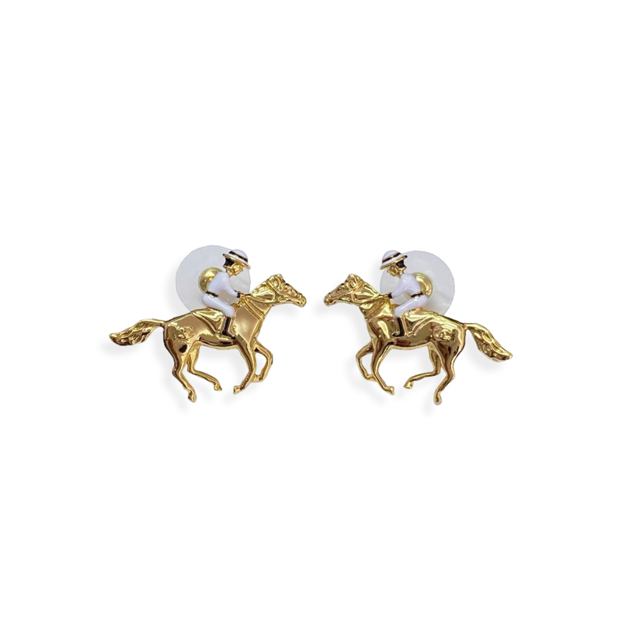 CHANEL 26P DOUBLE C GOLD PONY ENAMEL KNIGHT EARRINGS 